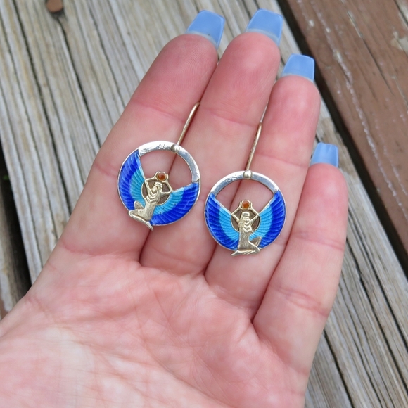 SOLD! Vintage 925 Egyptian Goddess Enamel Earrings - Picture 2 of 4